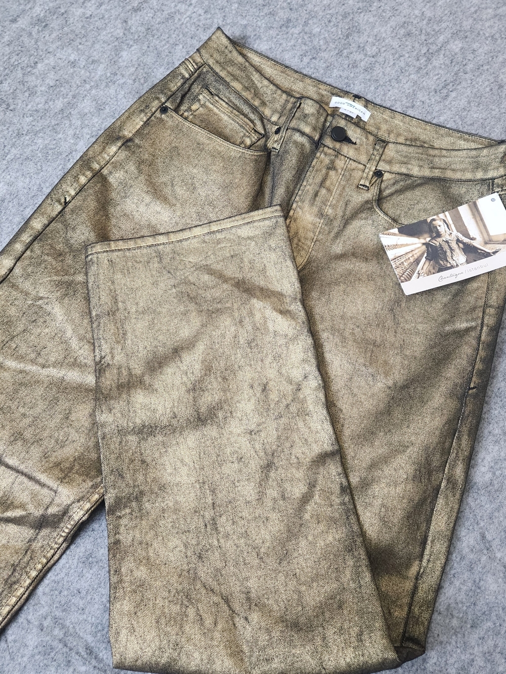 NWT Good American Gnilucky Good 90s Proto Sample Jeans Women's 4/27 Gold Unique
